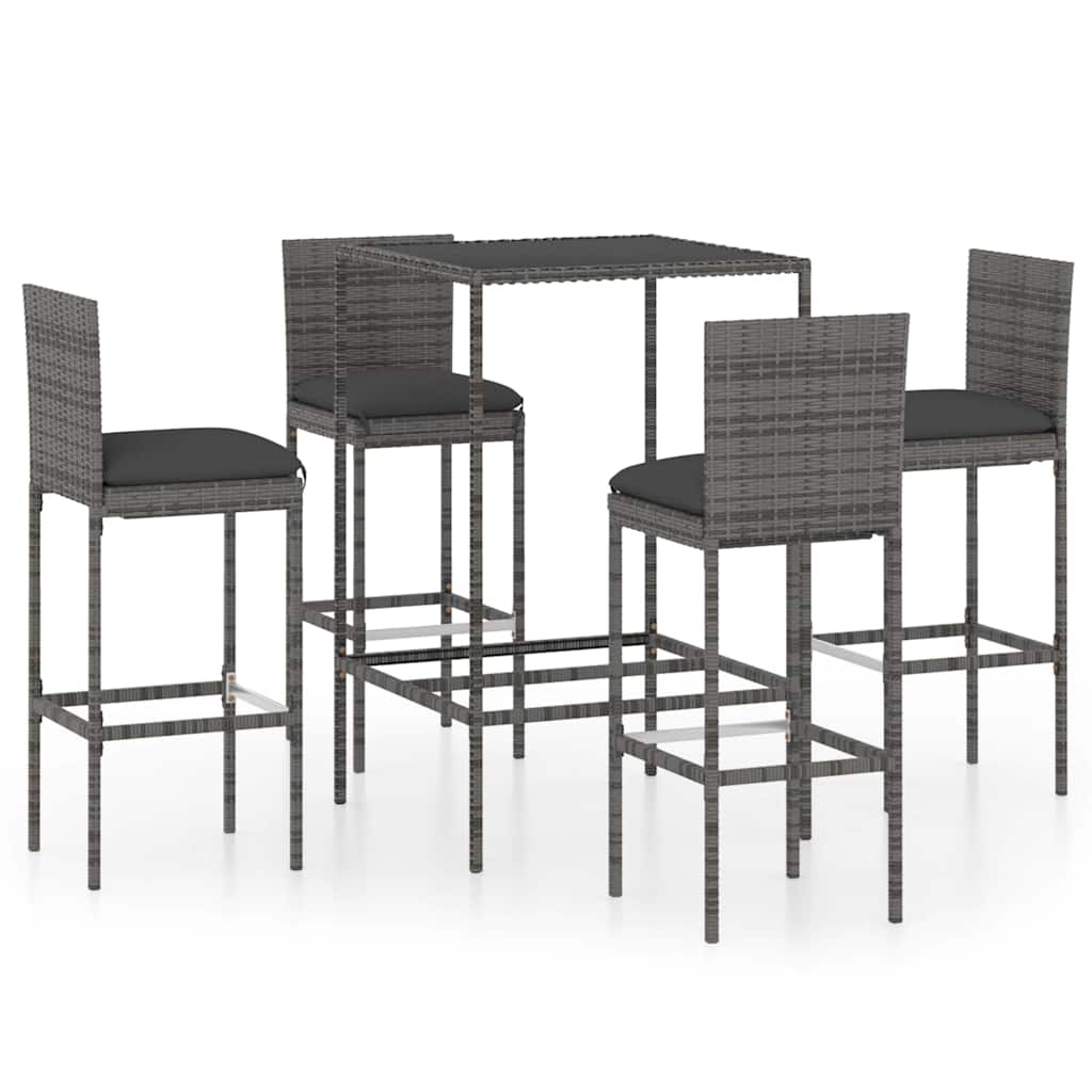 vidaXL 5 Piece Garden Bar Set with Cushions Poly Rattan Grey 1