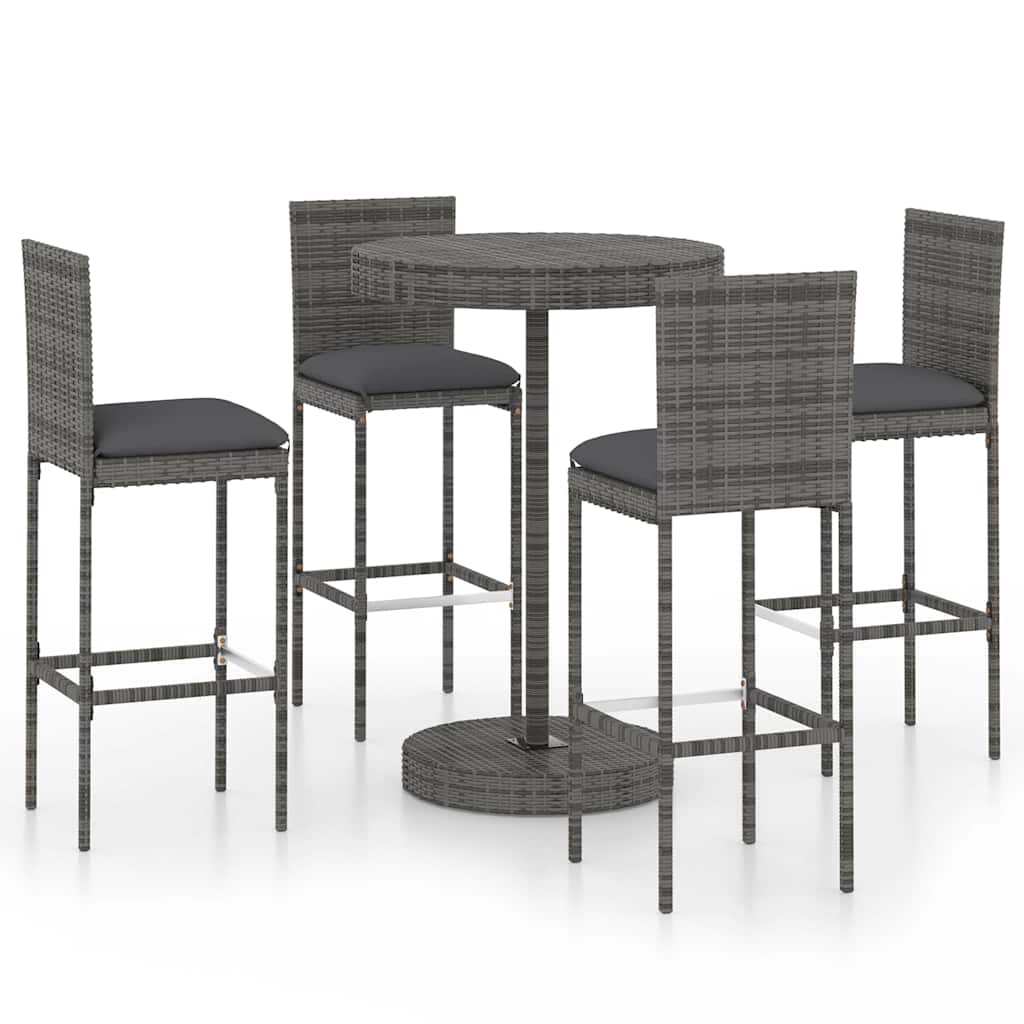 vidaXL 5 Piece Garden Bar Set with Cushions Poly Rattan Grey 1