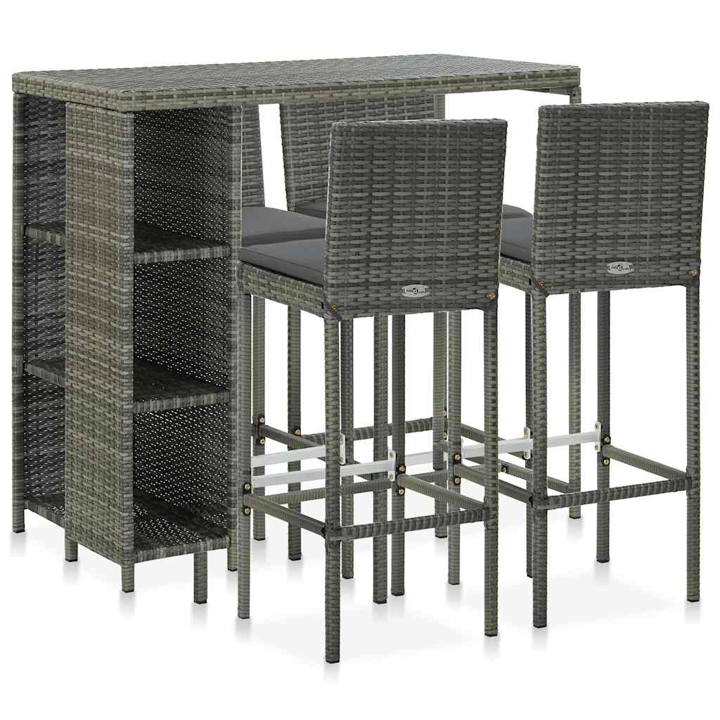 vidaXL 5 Piece Garden Bar Set with Cushions Poly Rattan Grey 1