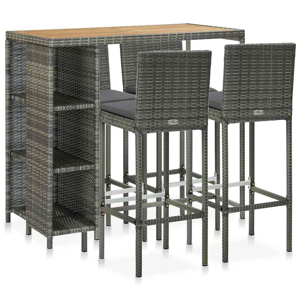 vidaXL 5 Piece Garden Bar Set with Cushions Poly Rattan Grey 1