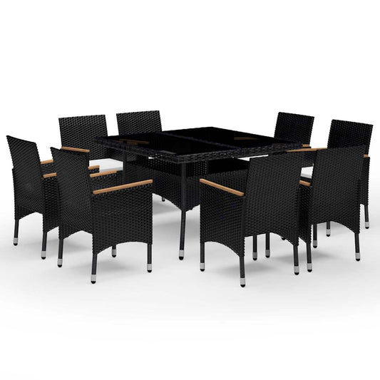 9 Piece Garden Dining Set Poly Rattan and Tempered Glass Black