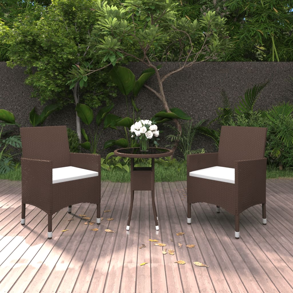 vidaXL 3 Piece Garden Bistro Set Poly Rattan and Tempered Glass