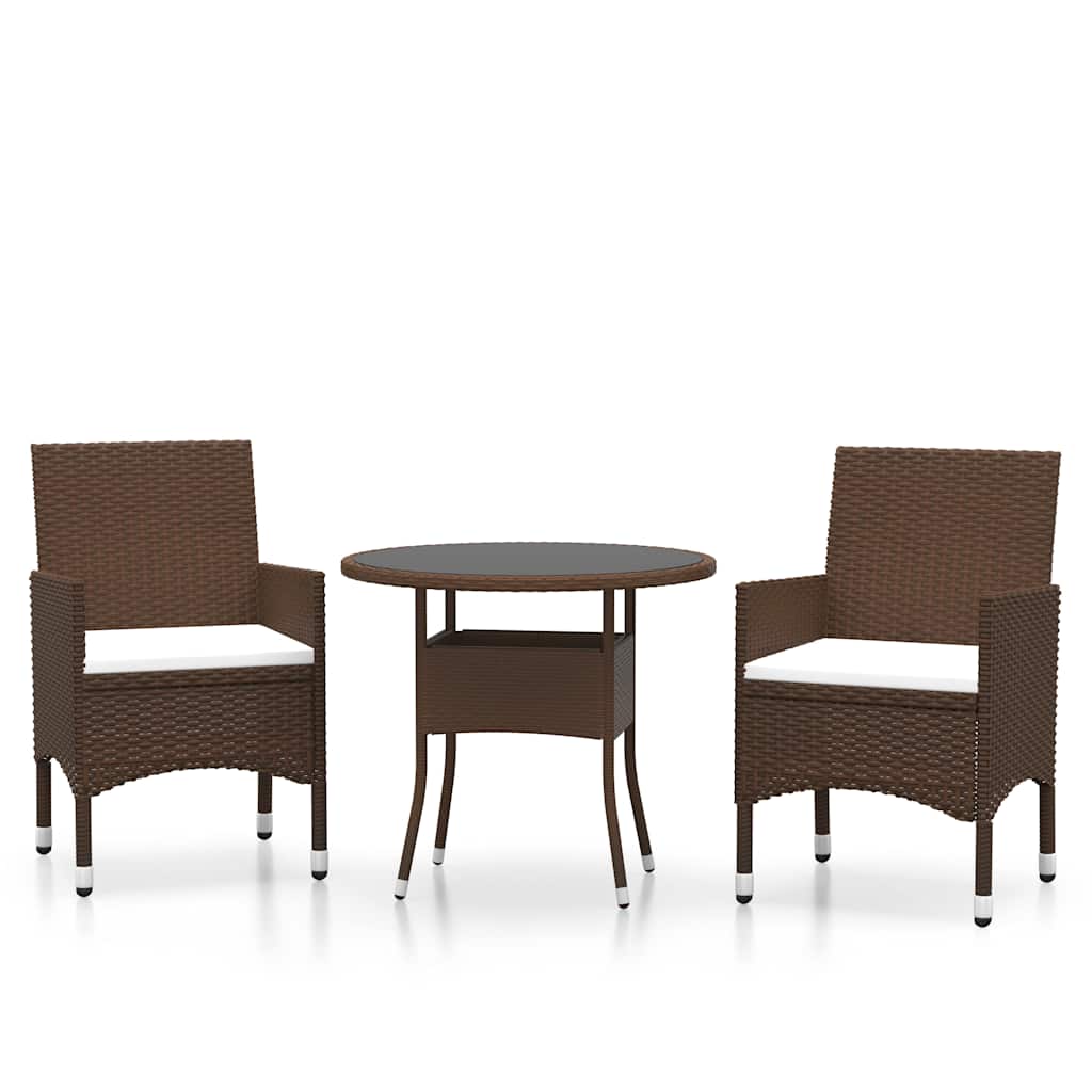vidaXL 3 Piece Garden Bistro Set Poly Rattan and Tempered Glass Brown 2