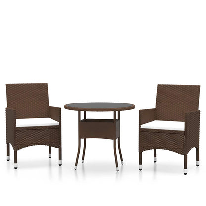 vidaXL 3 Piece Garden Bistro Set Poly Rattan and Tempered Glass Brown 2
