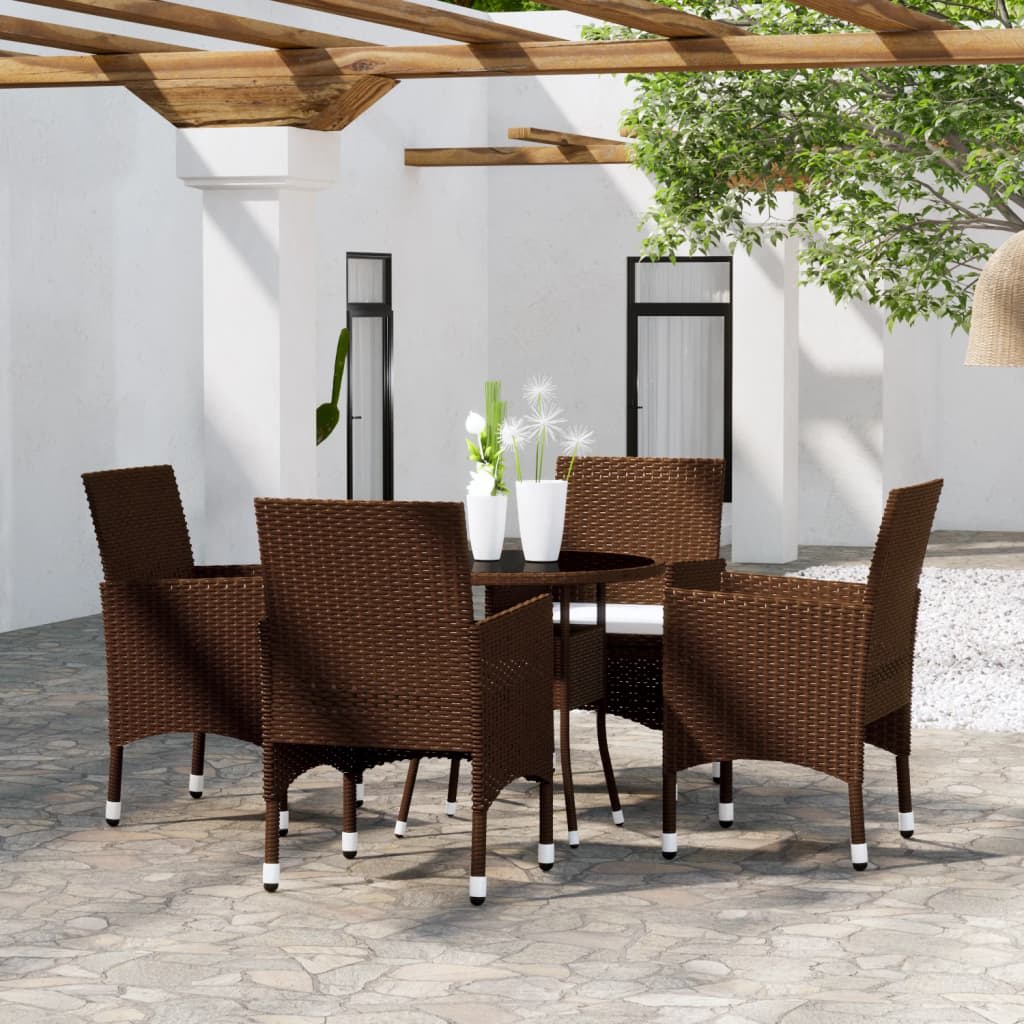 vidaXL 5 Piece Garden Bistro Set Poly Rattan and Tempered Glass Brown 1