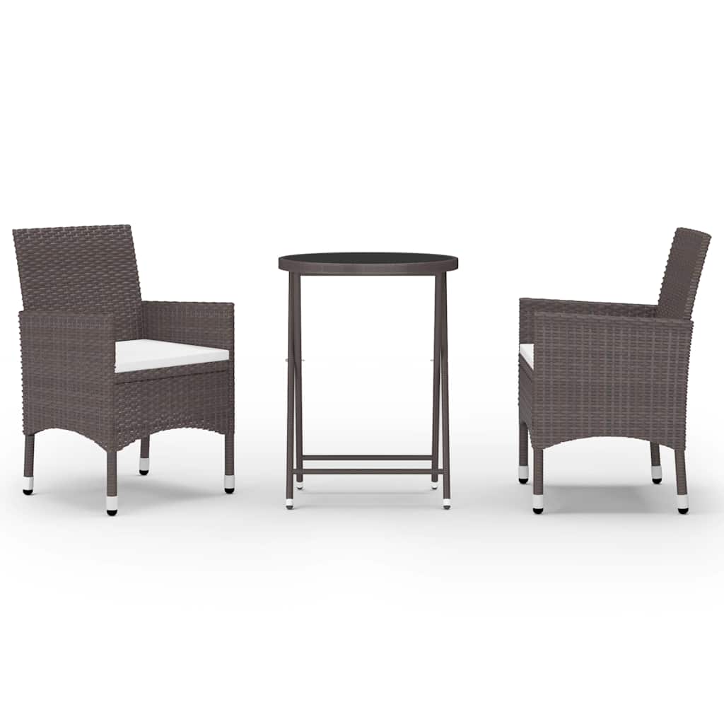 vidaXL 3 Piece Garden Bistro Set Poly Rattan and Tempered Glass Brown 2