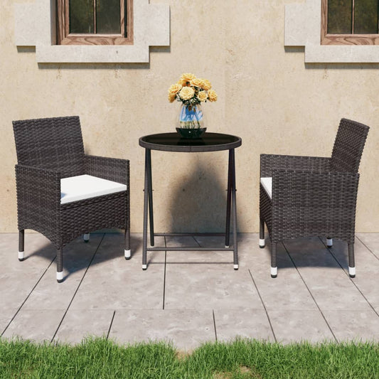 vidaXL 3 Piece Garden Bistro Set Poly Rattan and Tempered Glass Brown 1