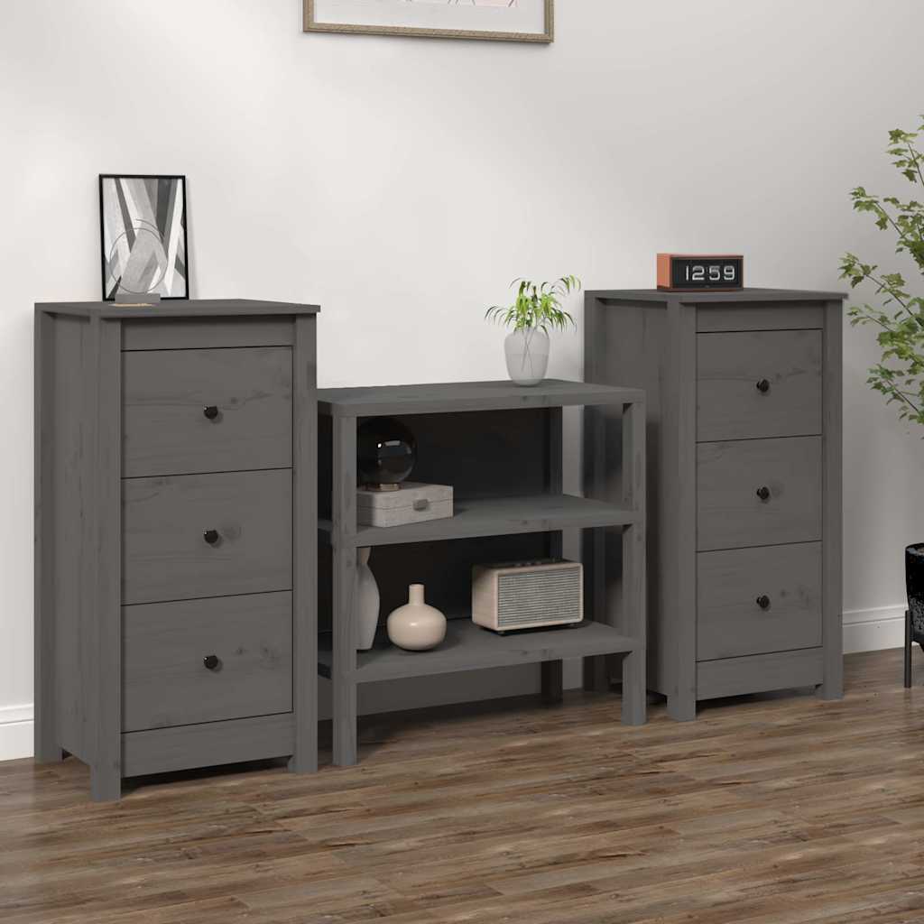 Sideboards 40x35x80 cm Solid Wood Pine 2 pcs Grey 3 Drawer Cabinet