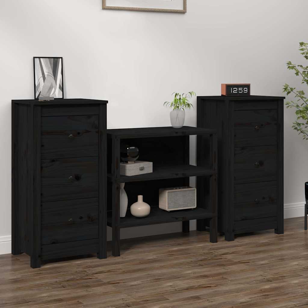 Sideboards 40x35x80 cm Solid Wood Pine 2 pcs Black 3 Drawer Cabinet