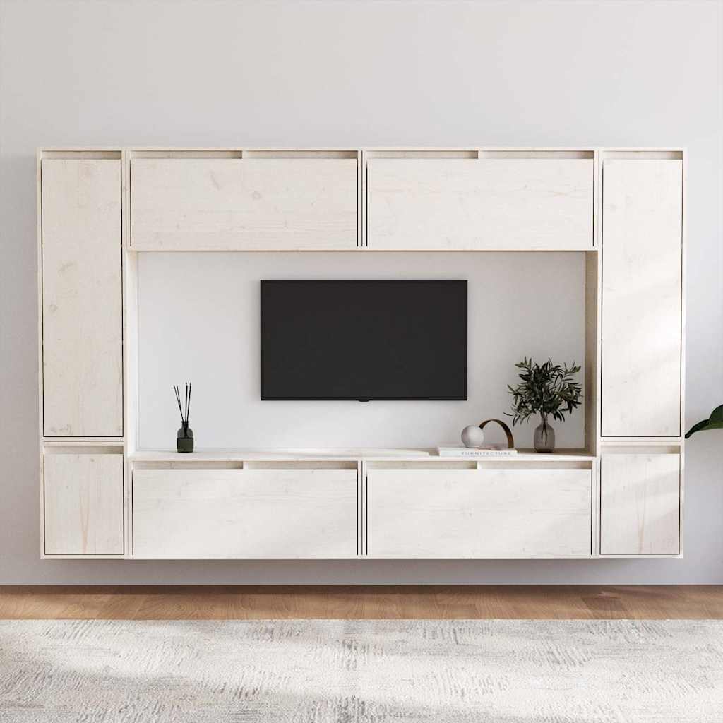 vidaXL 8 Piece Wall-mounted TV Cabinet Set White Solid Wood Pine 1