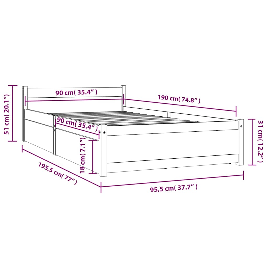vidaXL Bed Frame without Mattress with Drawers White Single 6