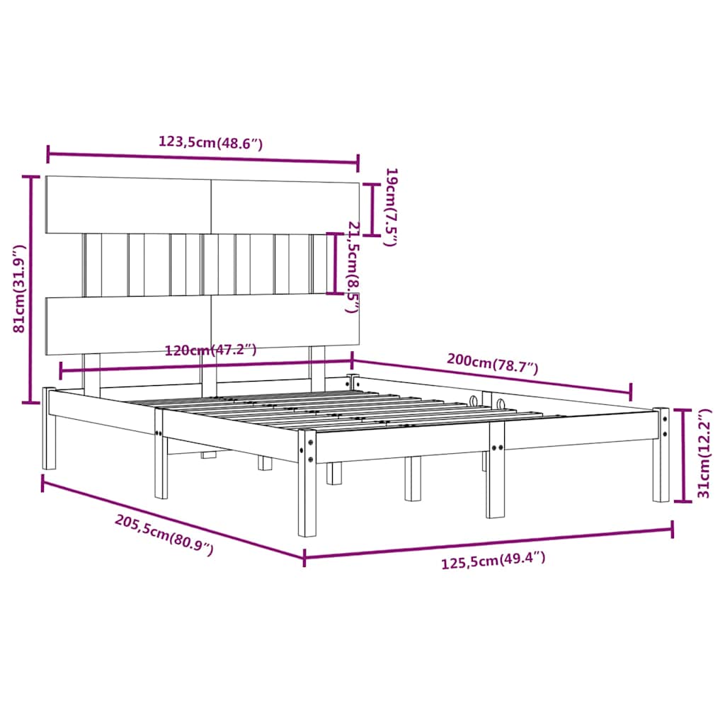 Bed Frame without Mattress Solid Wood Length 200 cm Natural 120 cm