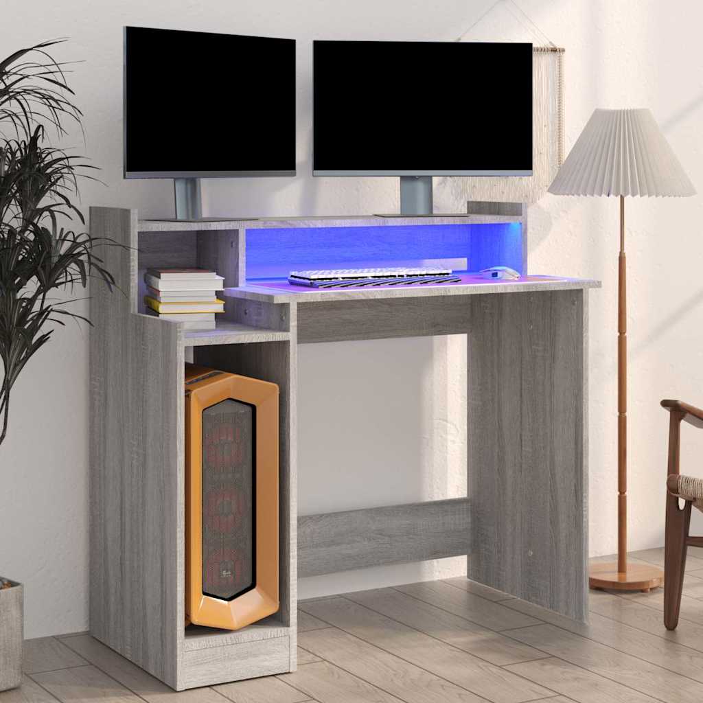 Desk with LED Lights 97x45x90 cm Engineered Wood Grey sonoma