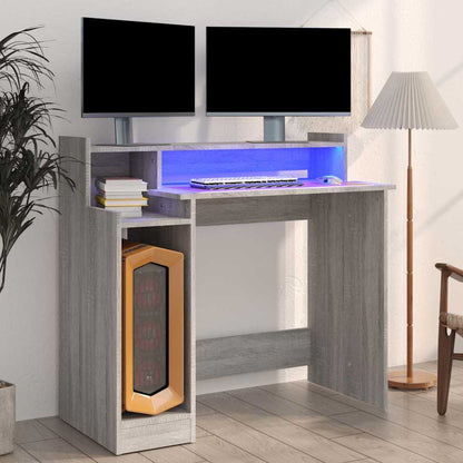 Desk with LED Lights 97x45x90 cm Engineered Wood Grey sonoma