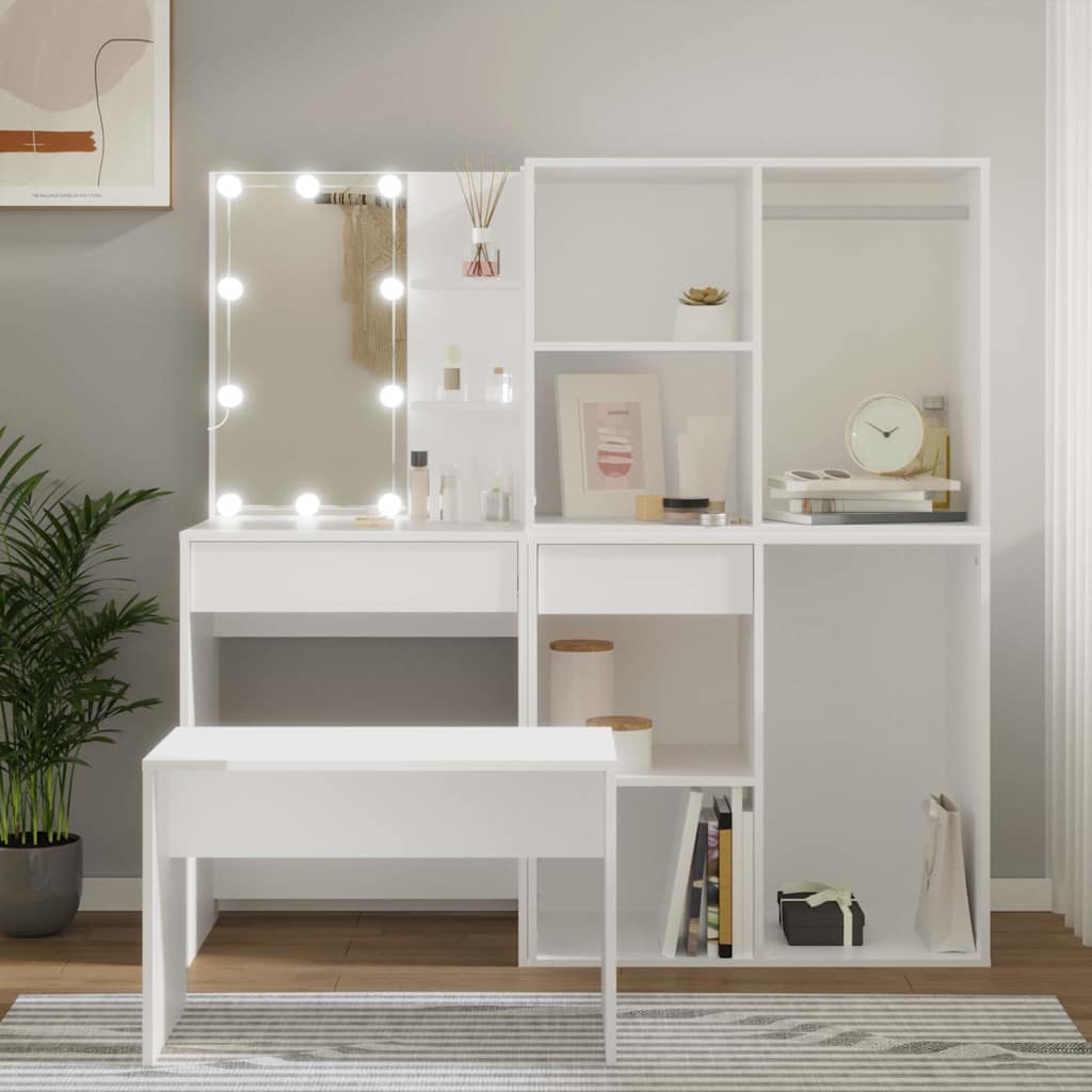 Dressing Table Set with LED Engineered Wood White