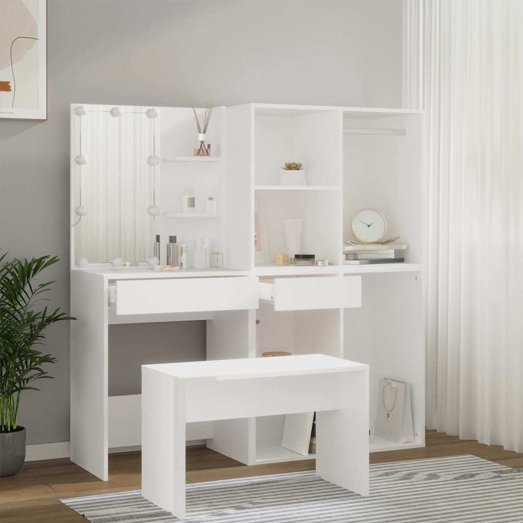 vidaXL Dressing Table Set with LED White Engineered Wood 4