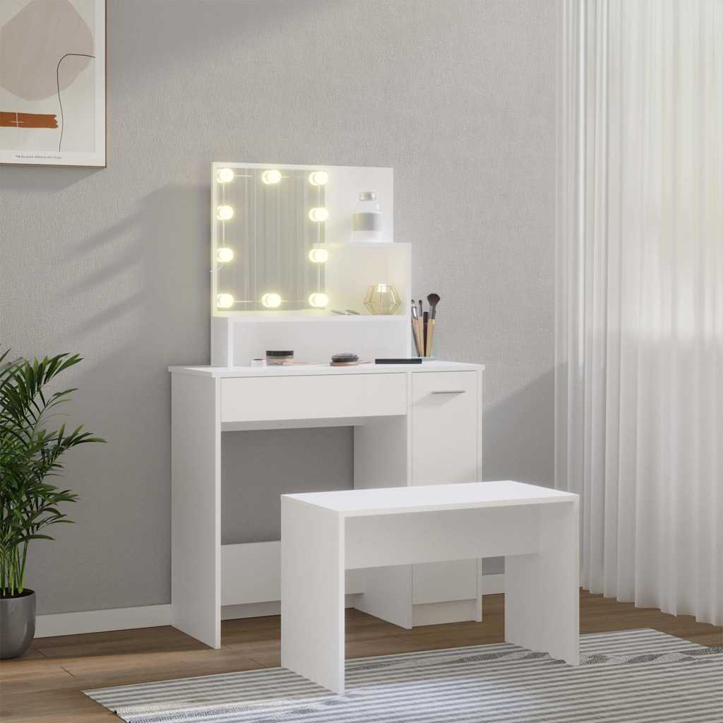 Dressing Table Set with LED Engineered Wood Depth 35 cm White