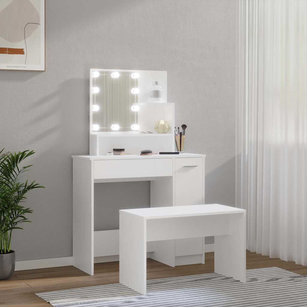 Dressing Table Set with LED Engineered Wood Depth 35 cm White