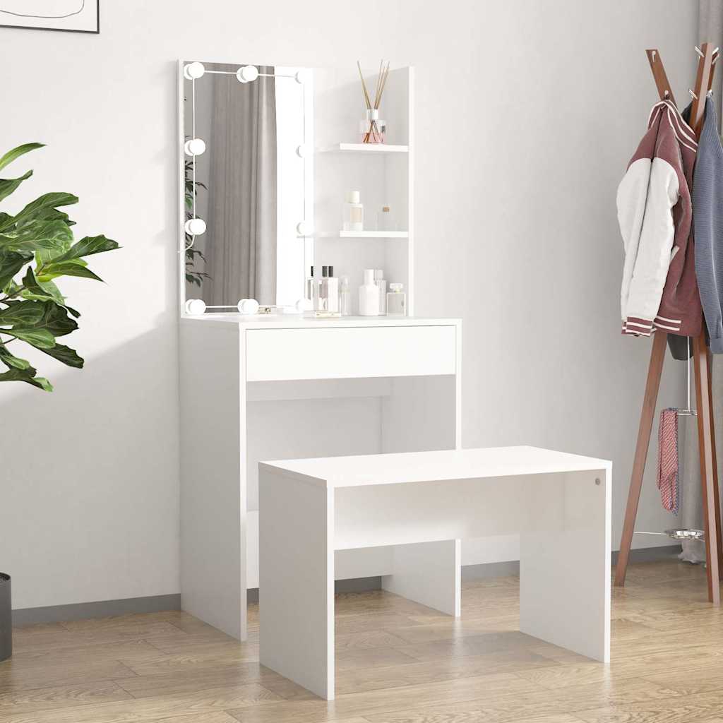 Dressing Table Set with LED Engineered Wood Depth 40 cm Width 60 cm White