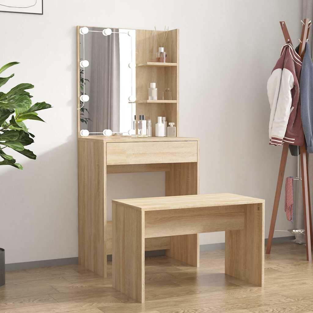 Dressing Table Set with LED Engineered Wood Depth 40 cm Width 60 cm Sonoma oak