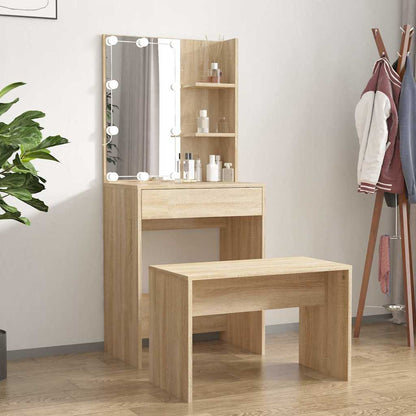 Dressing Table Set with LED Engineered Wood Depth 40 cm Width 60 cm Sonoma oak