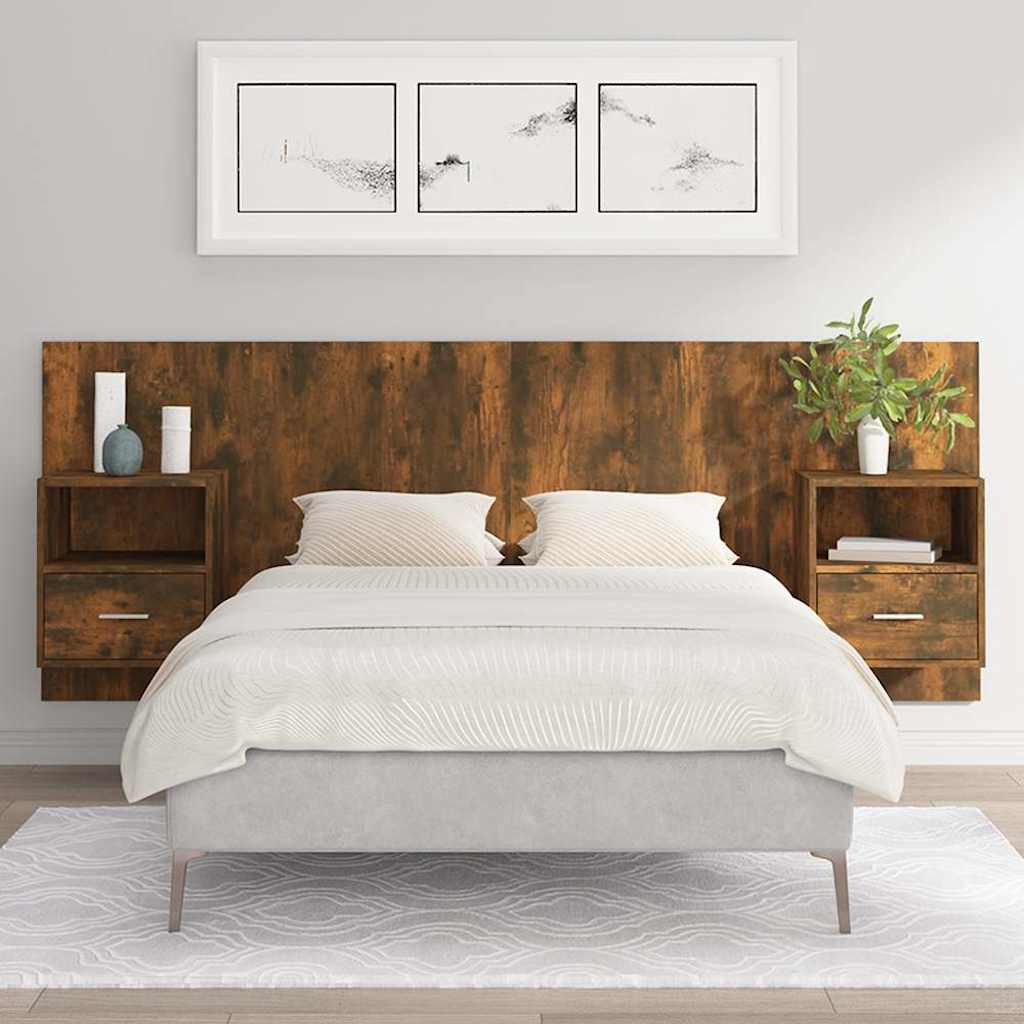 Bed Headboard with Cabinets Engineered Wood One Drawer and One Shelf Smoked oak