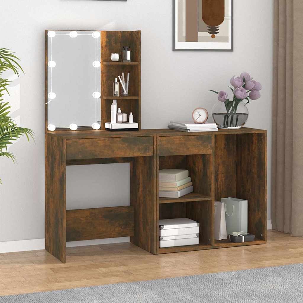 LED Dressing Table with Cabinet Engineered Wood Smoked oak
