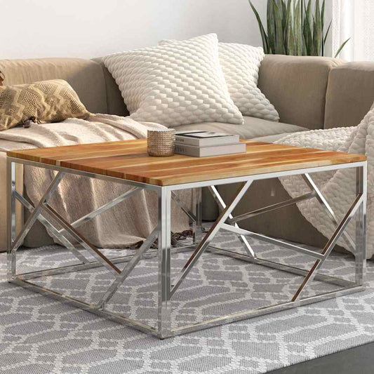 Coffee Table Stainless Steel and Tempered Silver and light brown Wood