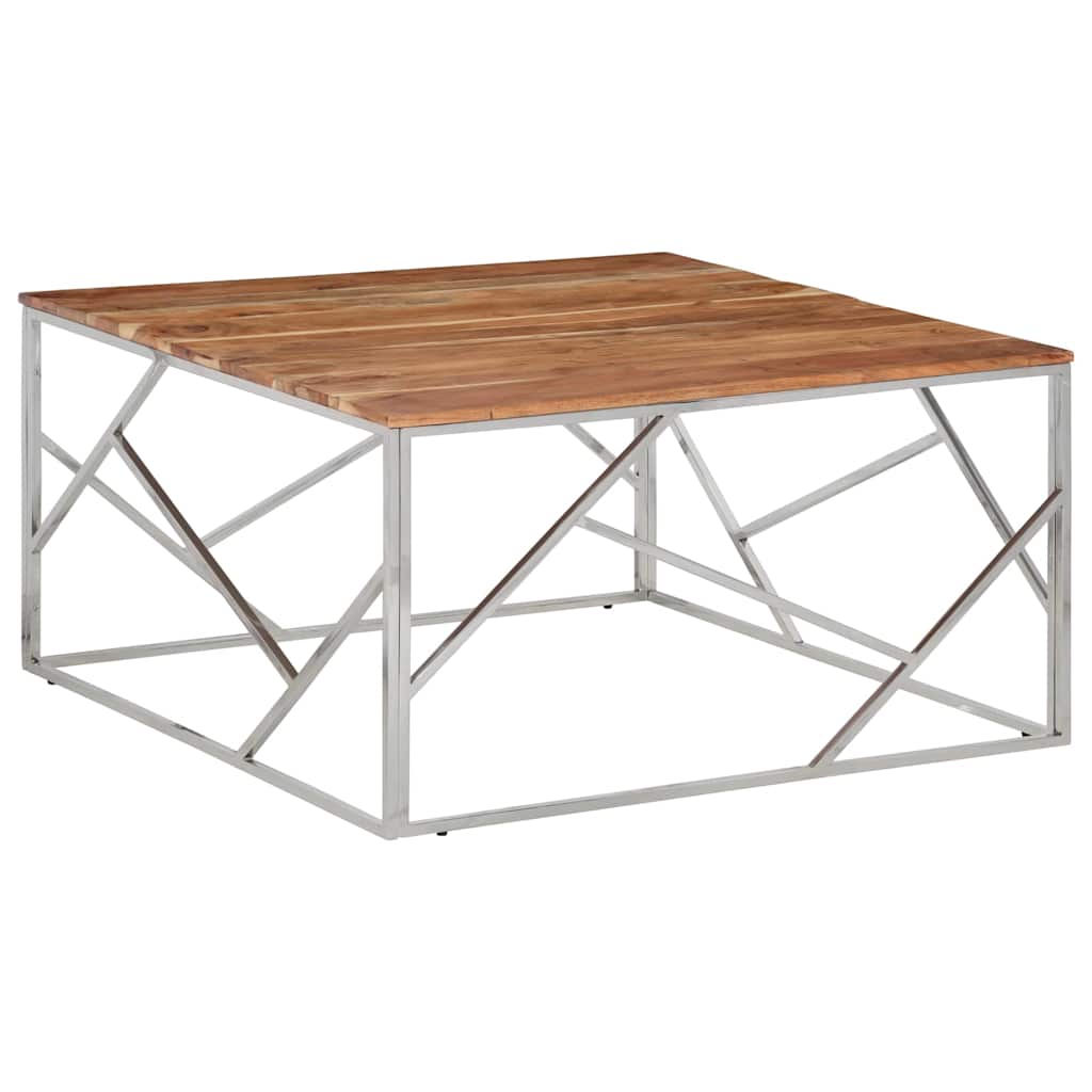 Coffee Table Stainless Steel and Tempered Silver and light brown Wood