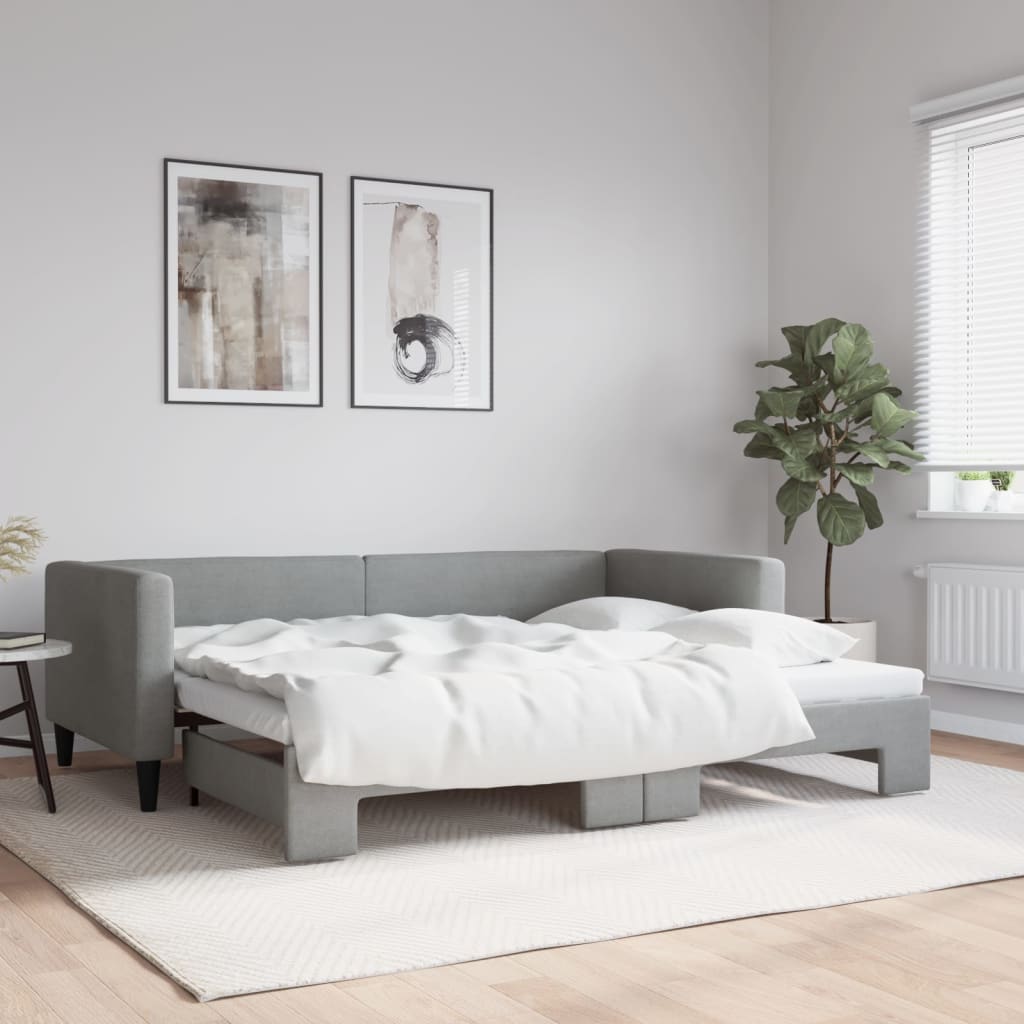 Daybed 90x190 cm Fabric Light grey With trundle