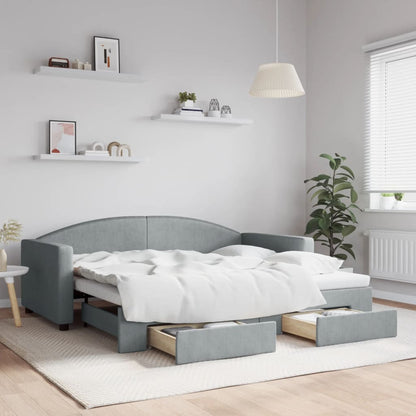 Day Bed 90x190 cm Fabric Light grey With trundle & drawer
