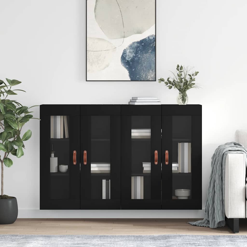 Wall Mounted Cabinets 2 pcs Engineered Wood Leather Black
