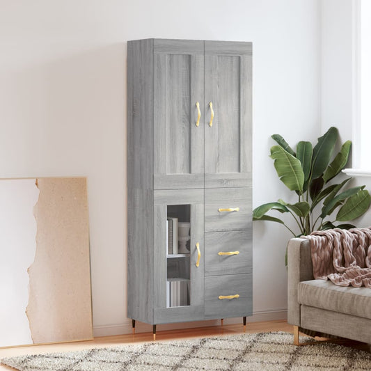 Highboard 69.5x34x180 cm Engineered Wood 1 Glass Door 3 Drawers Grey sonoma