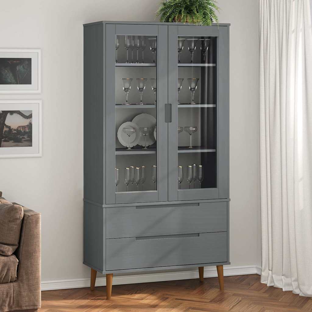 vidaXL Vitrine Cabinet "MOLDE" Grey 90x35x175 cm Solid Wood Pine 1