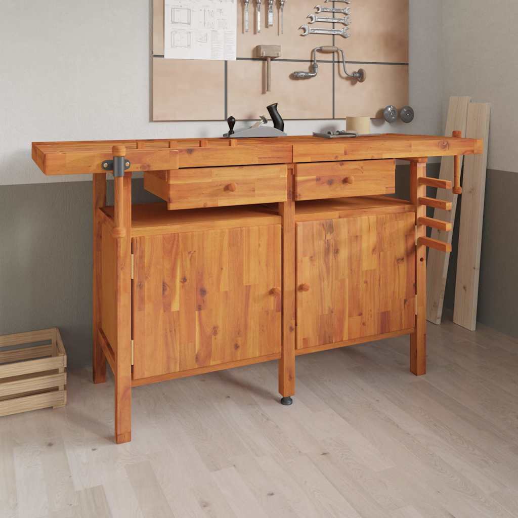 Workbench with Drawers and Vices 162x62x83 cm Solid Wood Acacia With cabinet