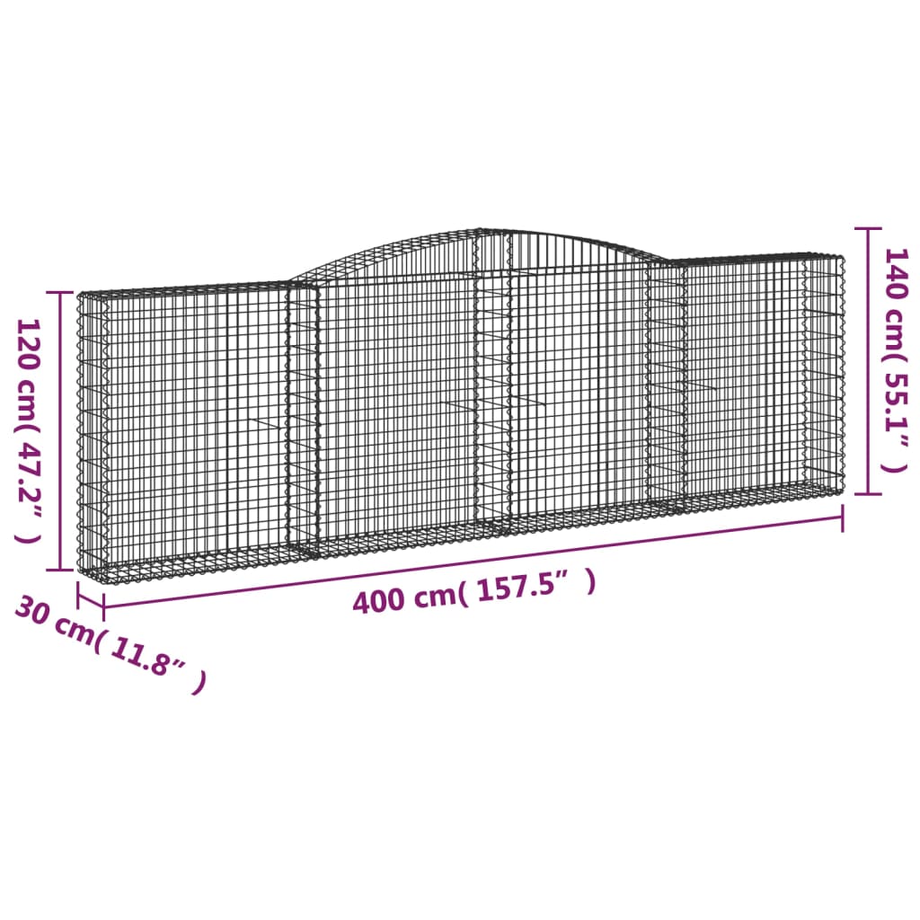 vidaXL Arched Gabion Baskets 2 pcs 400x30x120/140 cm Galvanised Iron 6