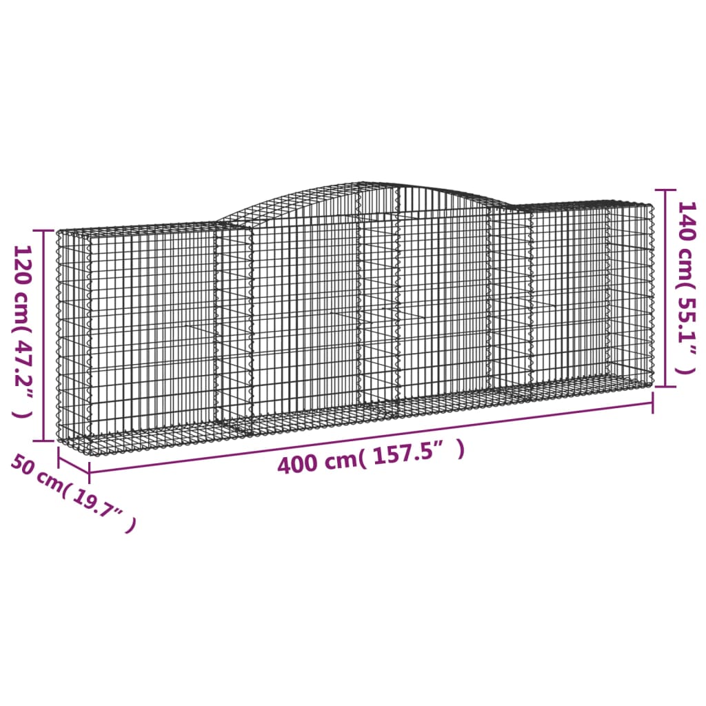 vidaXL Arched Gabion Baskets 3 pcs 400x50x120/140 cm Galvanised Iron 6
