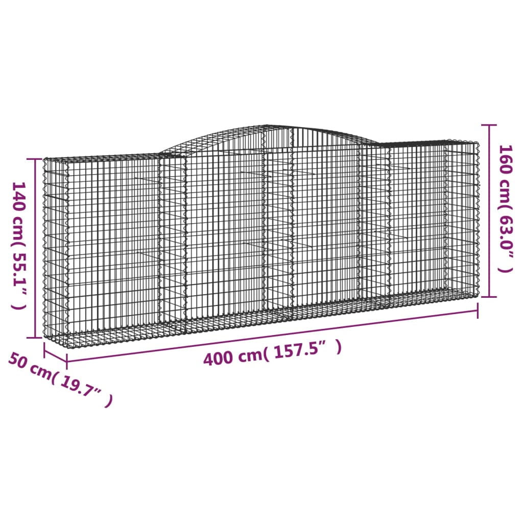 vidaXL Arched Gabion Baskets 2 pcs 400x50x140/160 cm Galvanised Iron 6