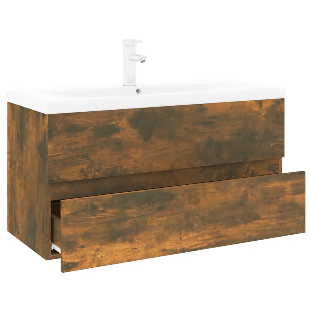 vidaXL Sink Cabinet with Built-in Basin Smoked Oak Engineered Wood 3