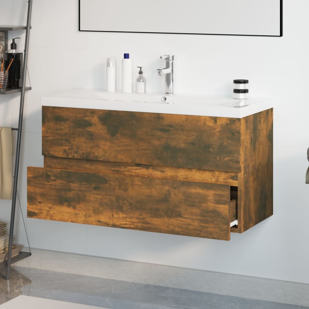 vidaXL Sink Cabinet with Built-in Basin Smoked Oak Engineered Wood 4
