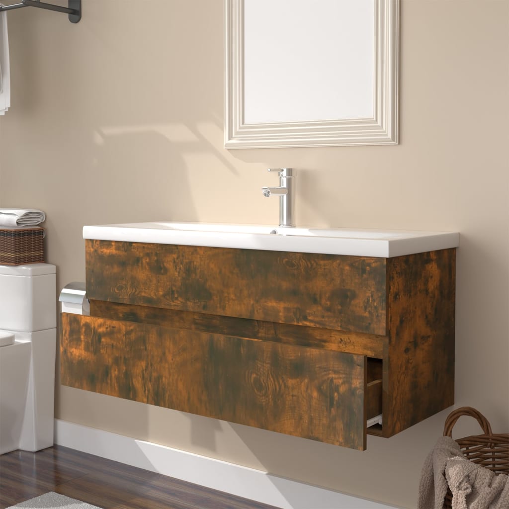 vidaXL Sink Cabinet with Built-in Basin Smoked Oak Engineered Wood 3