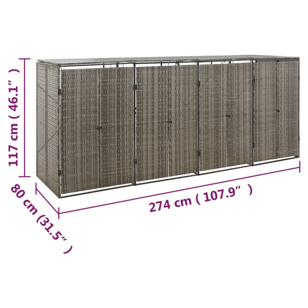 vidaXL Quadruple Wheelie Bin Shed Grey 274x80x117 cm Poly Rattan 5