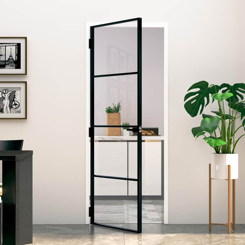 Interior Door Slim Black 76x201.5 cm Tempered Glass&Aluminium 3 Horizontal Bars Black and transparent