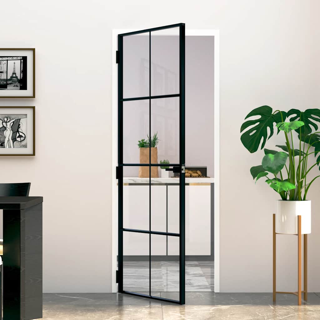 Interior Door Slim Black 76x201.5 cm Tempered Glass&Aluminium 4x2 Grids Black and transparent