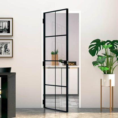 Interior Door Slim Black 76x201.5 cm Tempered Glass&Aluminium 4x2 Grids Black and transparent