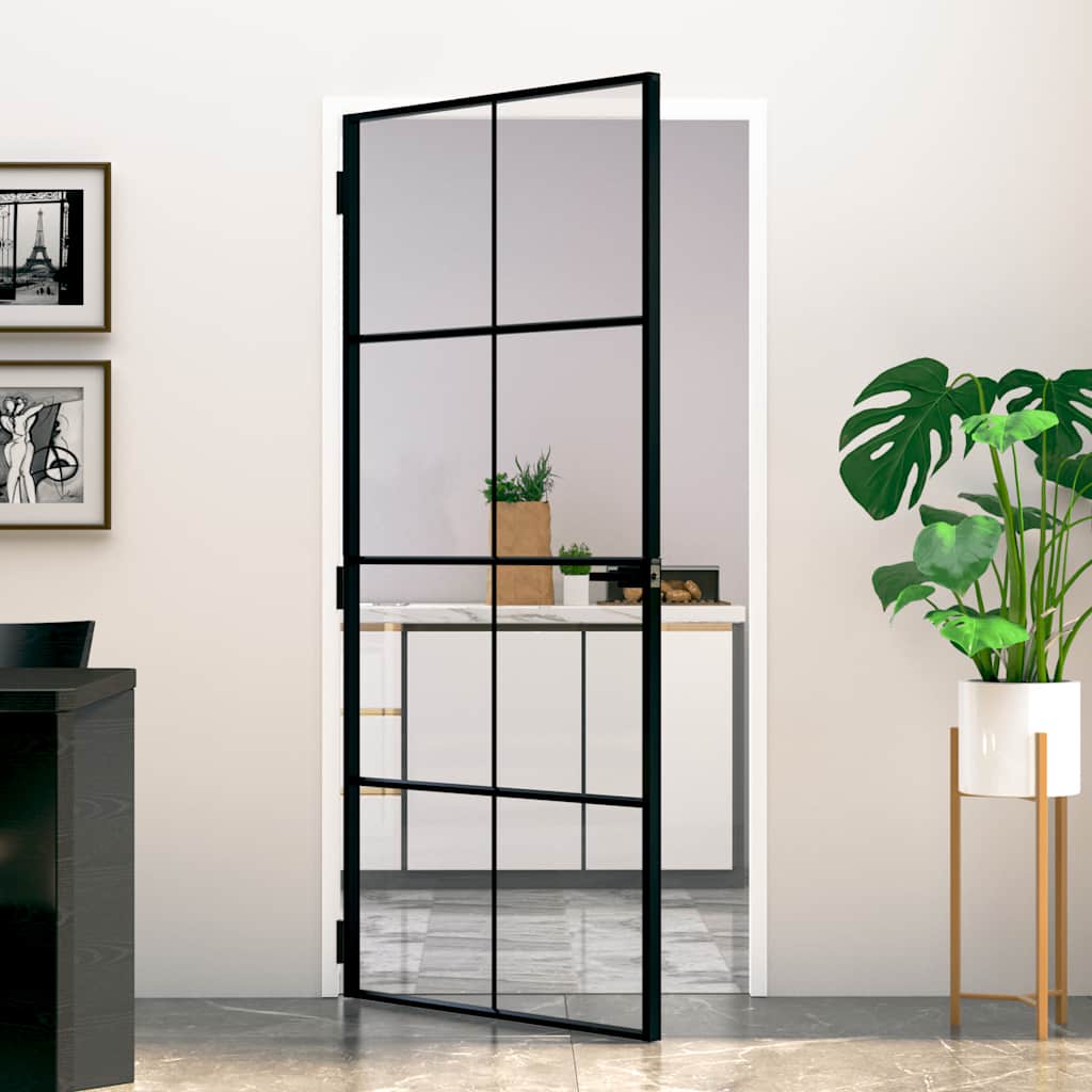 vidaXL Interior Door Black 93x201,5 cm Tempered Glass&Aluminium Slim 1