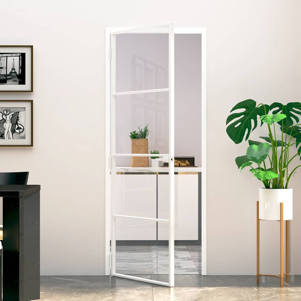 Interior Door Slim Black 76x201.5 cm Tempered Glass&Aluminium 3 Horizontal Bars White and transparent