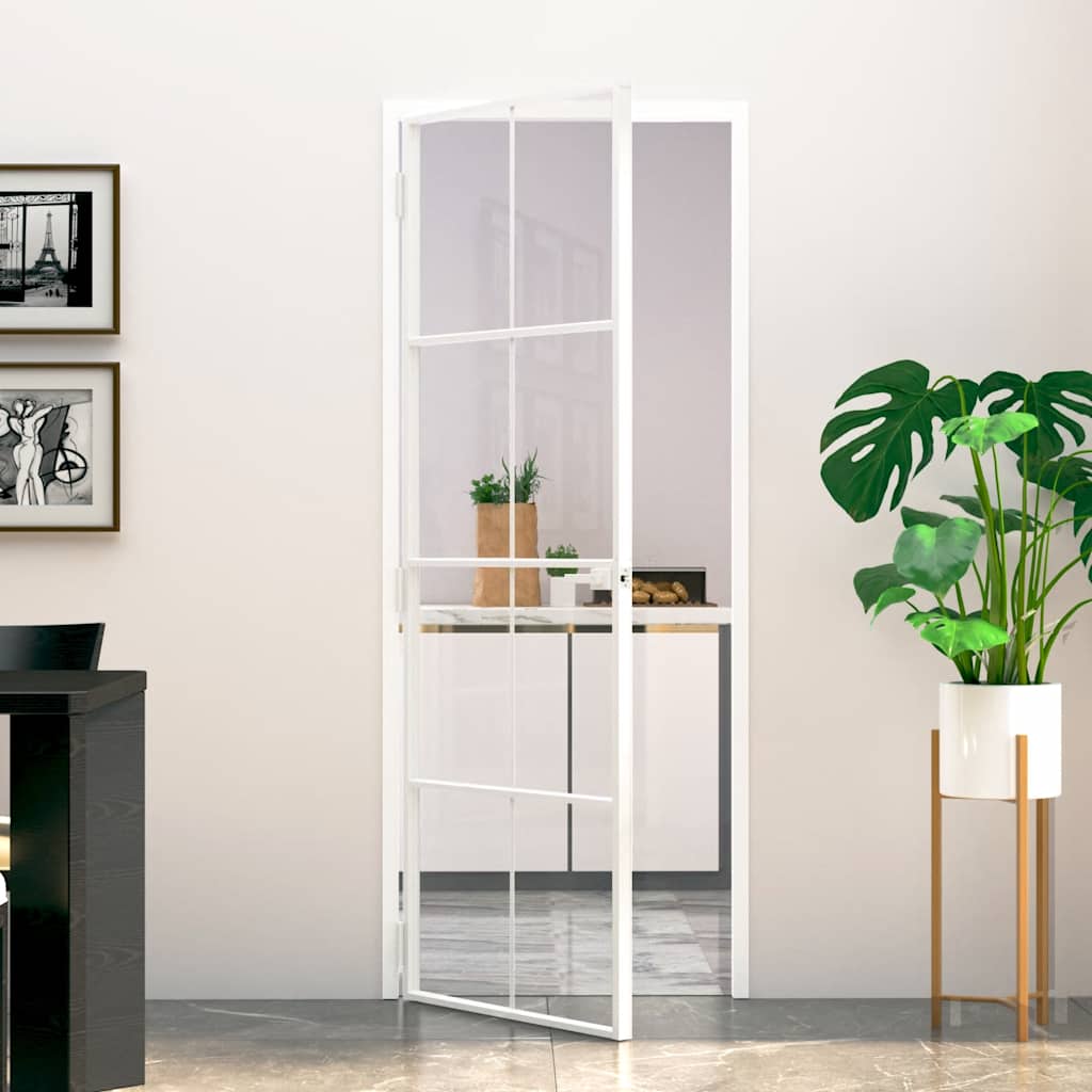 Interior Door Slim Black 76x201.5 cm Tempered Glass&Aluminium 4x2 Grids White and transparent