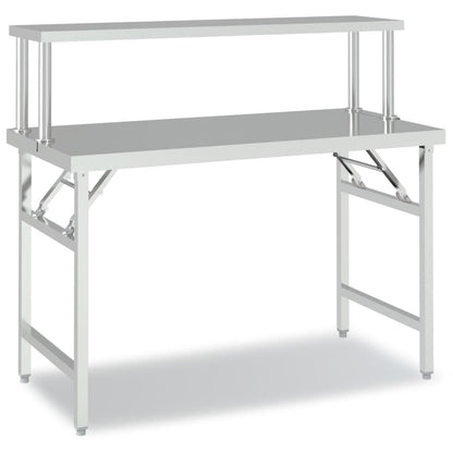 vidaXL Kitchen Work Table with Overshelf 120x60x115 cm Stainless Steel 2