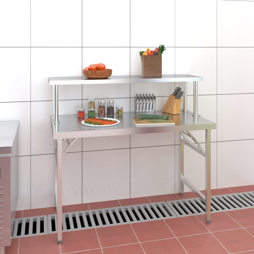 vidaXL Kitchen Work Table with Overshelf 120x60x115 cm Stainless Steel 1